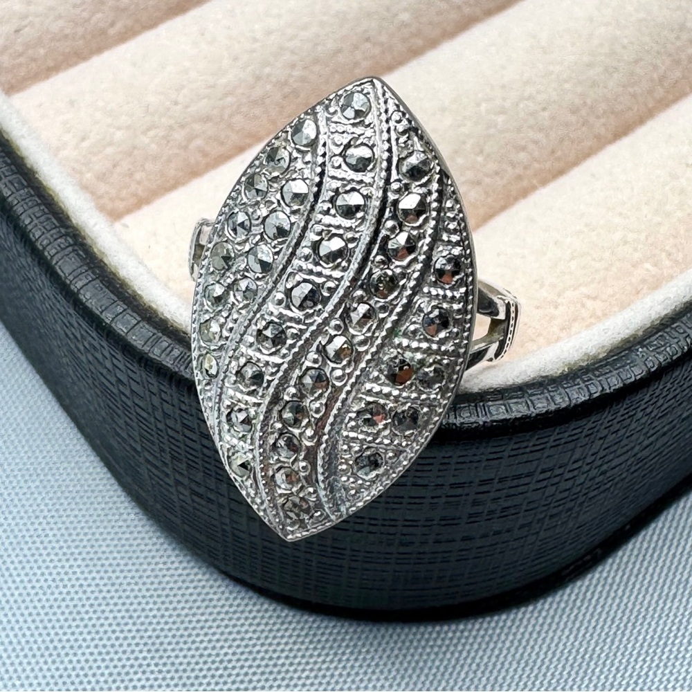 THEDA 925 Sterling Silver Marquise Marcasite Statement Ring